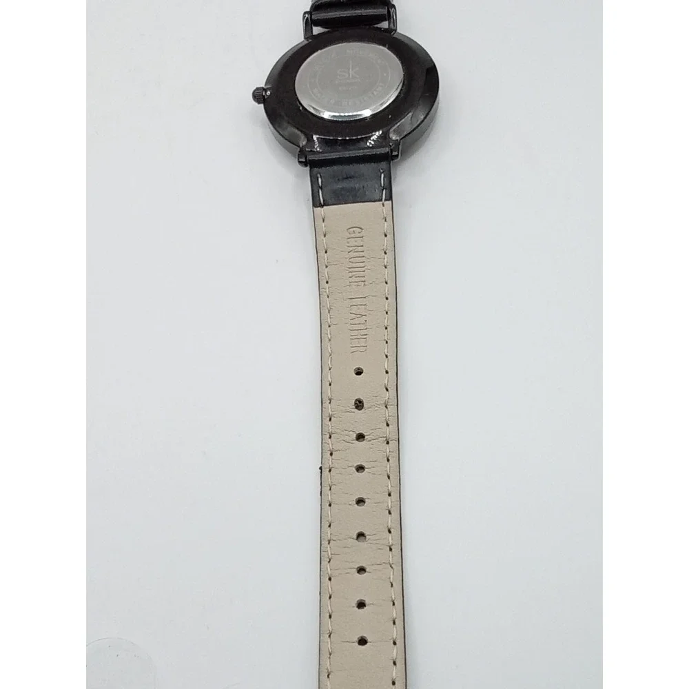 Shengke Women's Black Prism Crystal Leather‎ Band Quartz Watch- New Battery